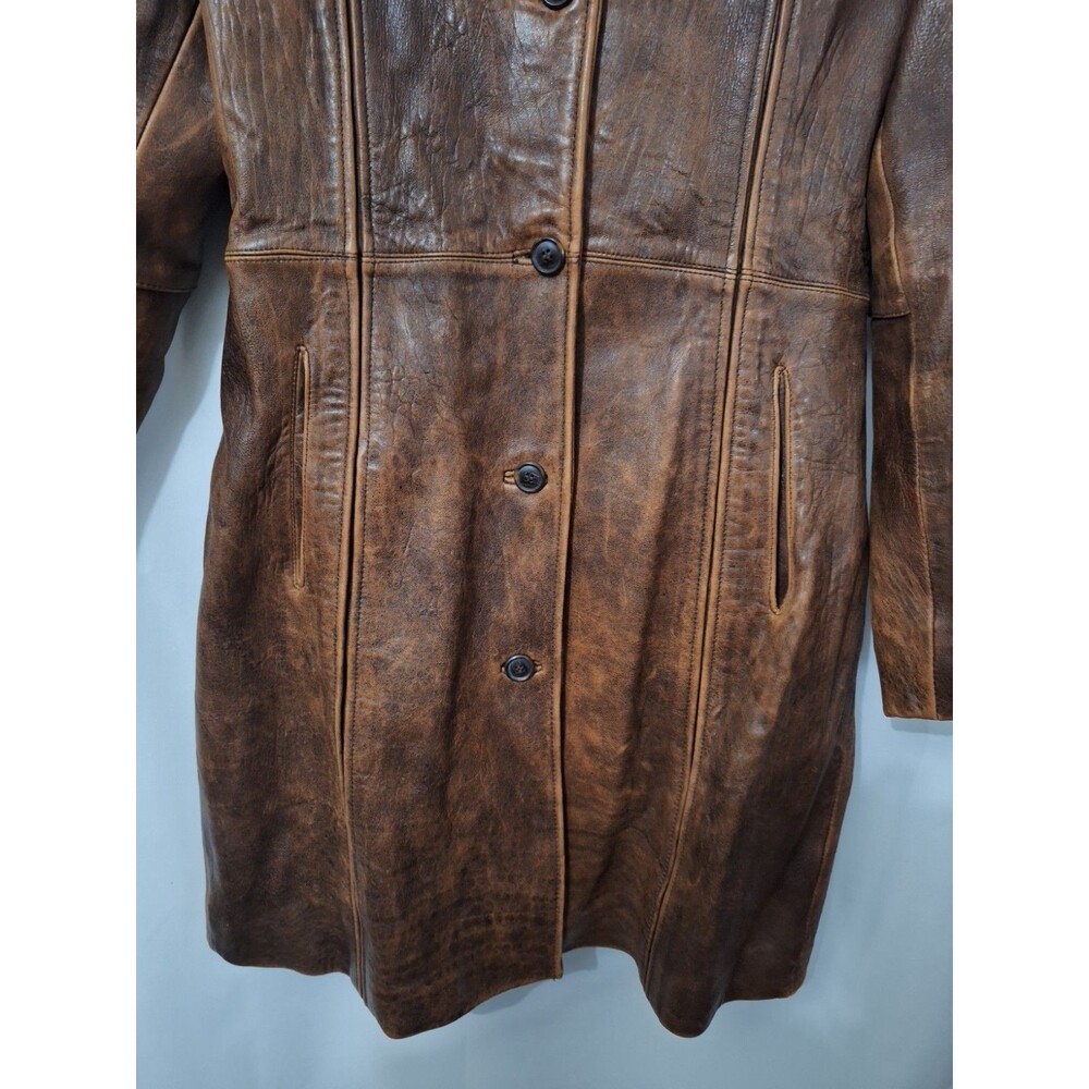 Rogue Leather Womens Genuine Leather Coat Sz M Brown Long Button Up Pockets Y2K - Picture 9 of 15